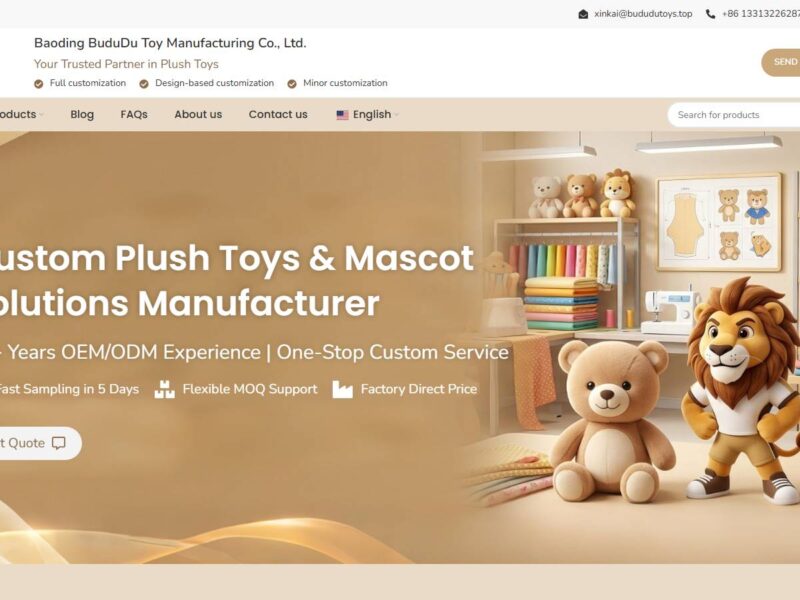 Screenshot of bddplushtoy.com — custom plush toy manufacturer website built by Mloun