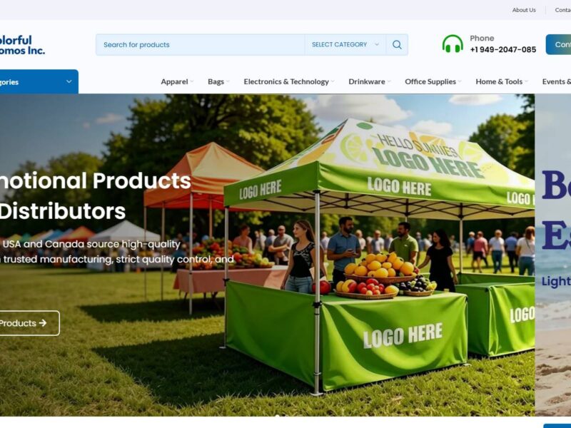 Screenshot of colorfulpromoinc.com — promotional products sourcing website built by Mloun